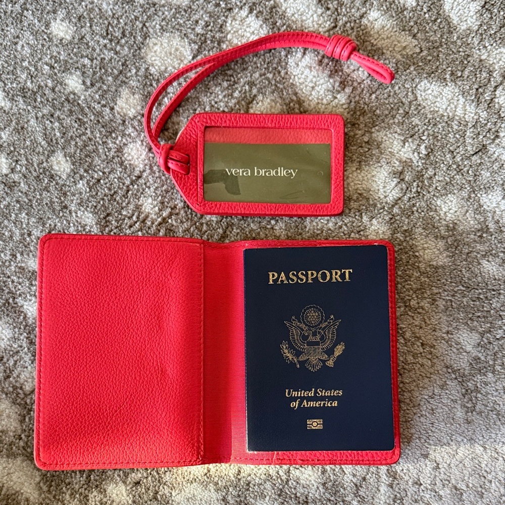 Vera Bradley Bright Red Leather Passport Holder and Luggage Tag Set